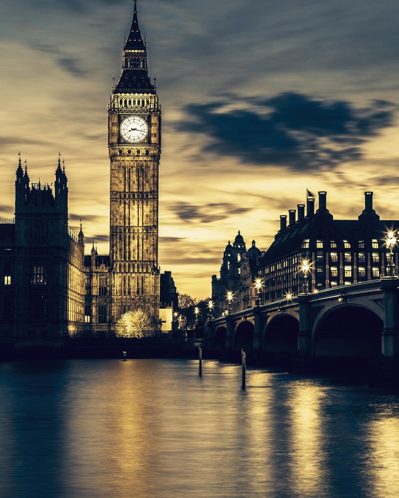 Big Ben clock tower in London at sunset, special photographic processing.